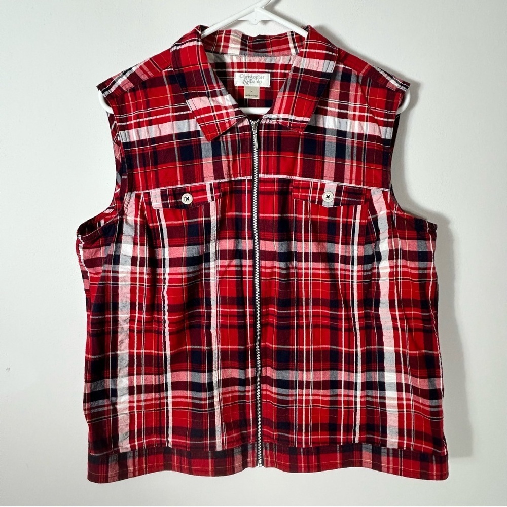 Christopher & Banks Red Black White Cotton Plaid Zip Vest Size Large